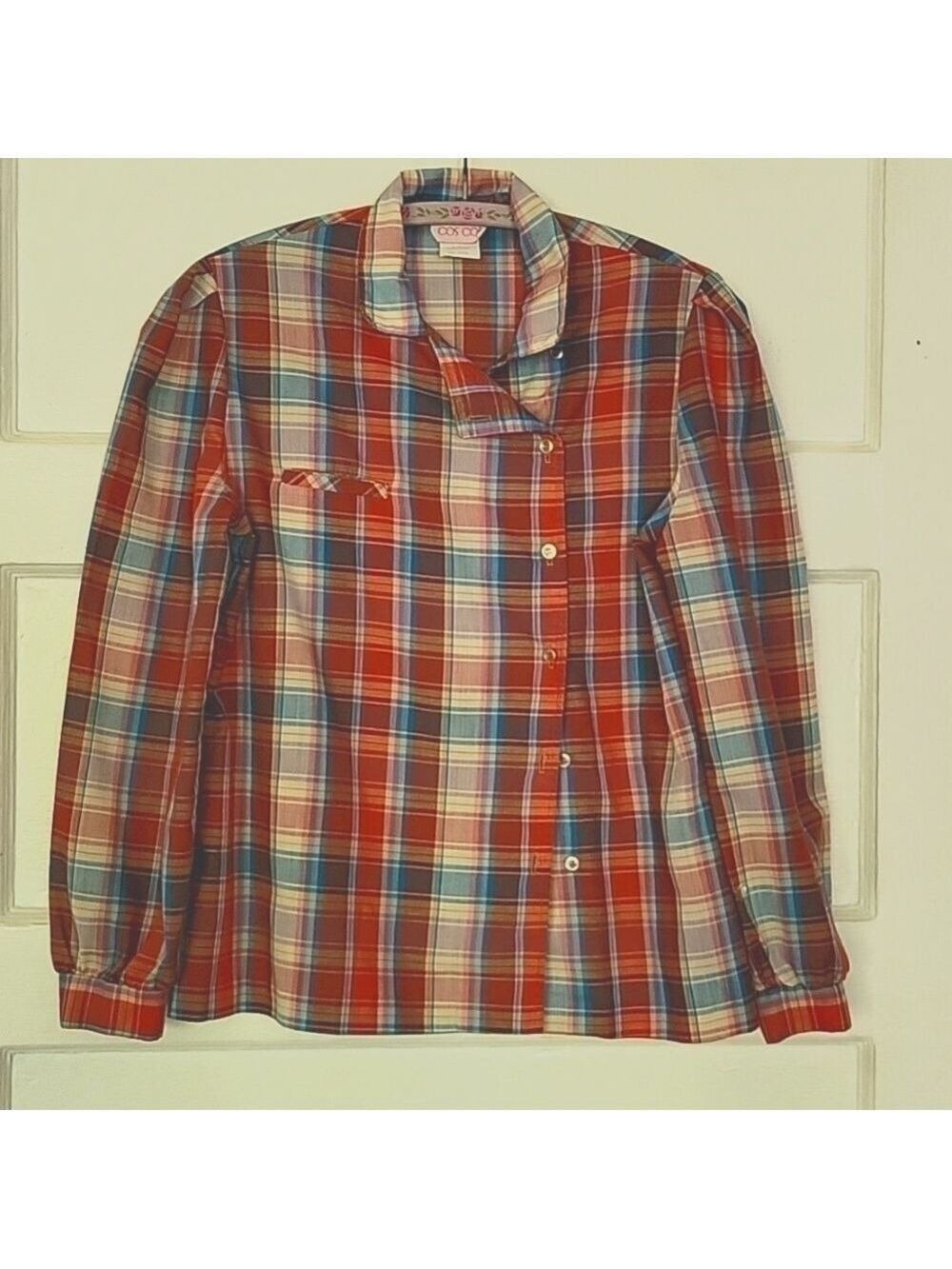 Womens Vintage 70s Cos Cob Plaid Asymmetric Button Front Pleat Shoulder Blouse